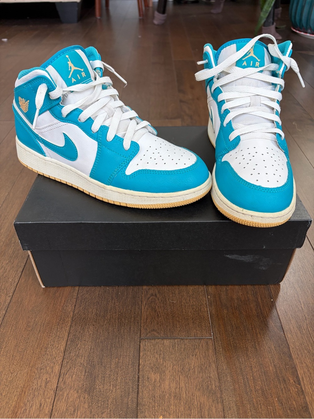 Nike Air Jordan 1 Mid (GS) Kids (Aqua-Celestial Gold-White)High-Top Sneakers
